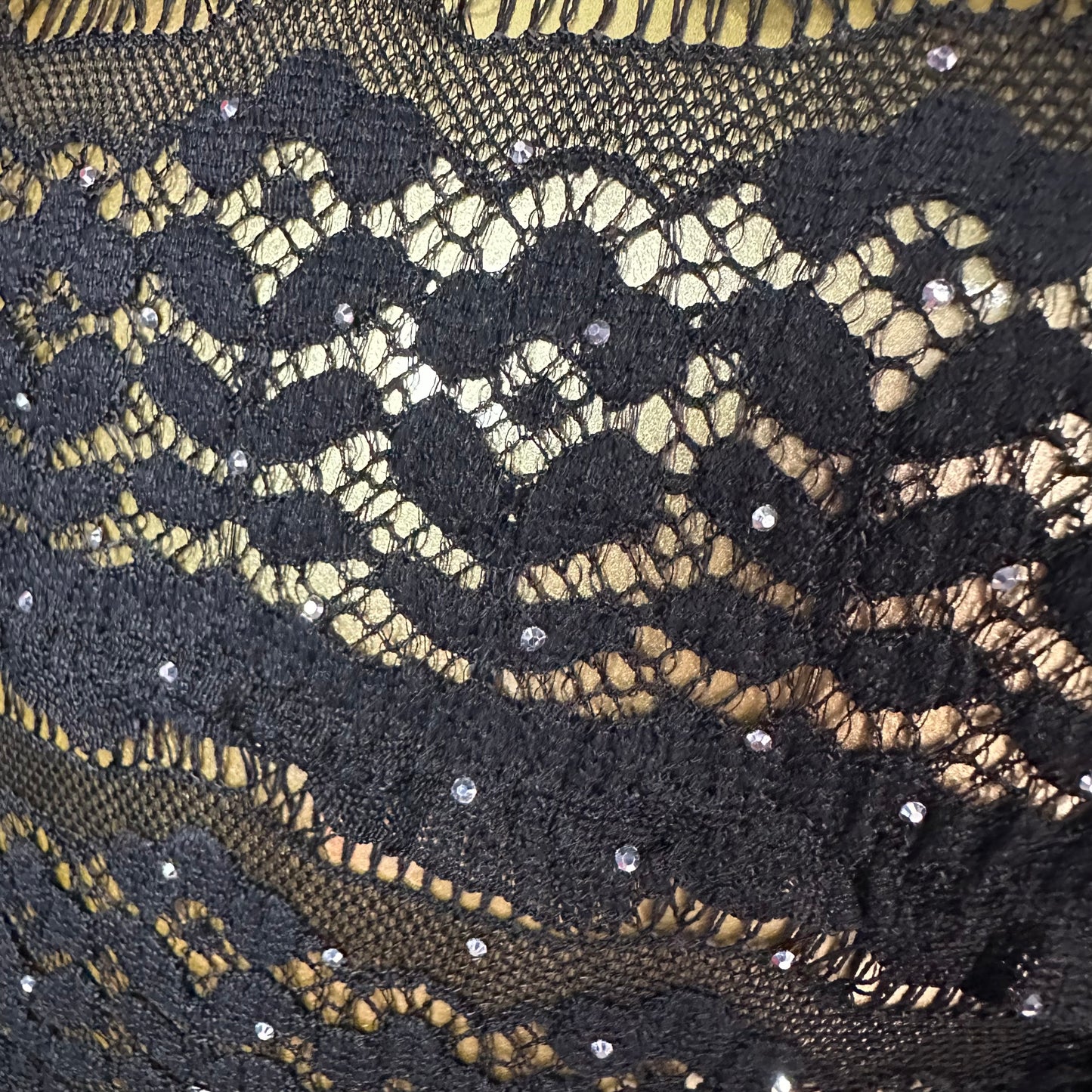 Blusa Negra de Encaje Transparente con Detalles Rhinestone