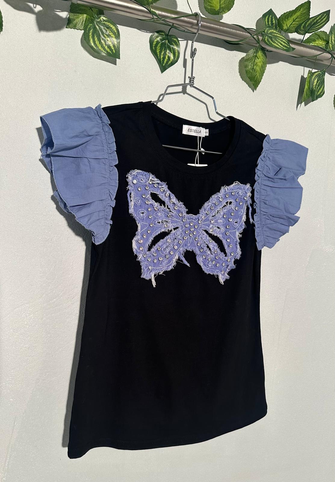 Camiseta con Aplique de Mariposa en Denim y Mangas con Volantes image 0