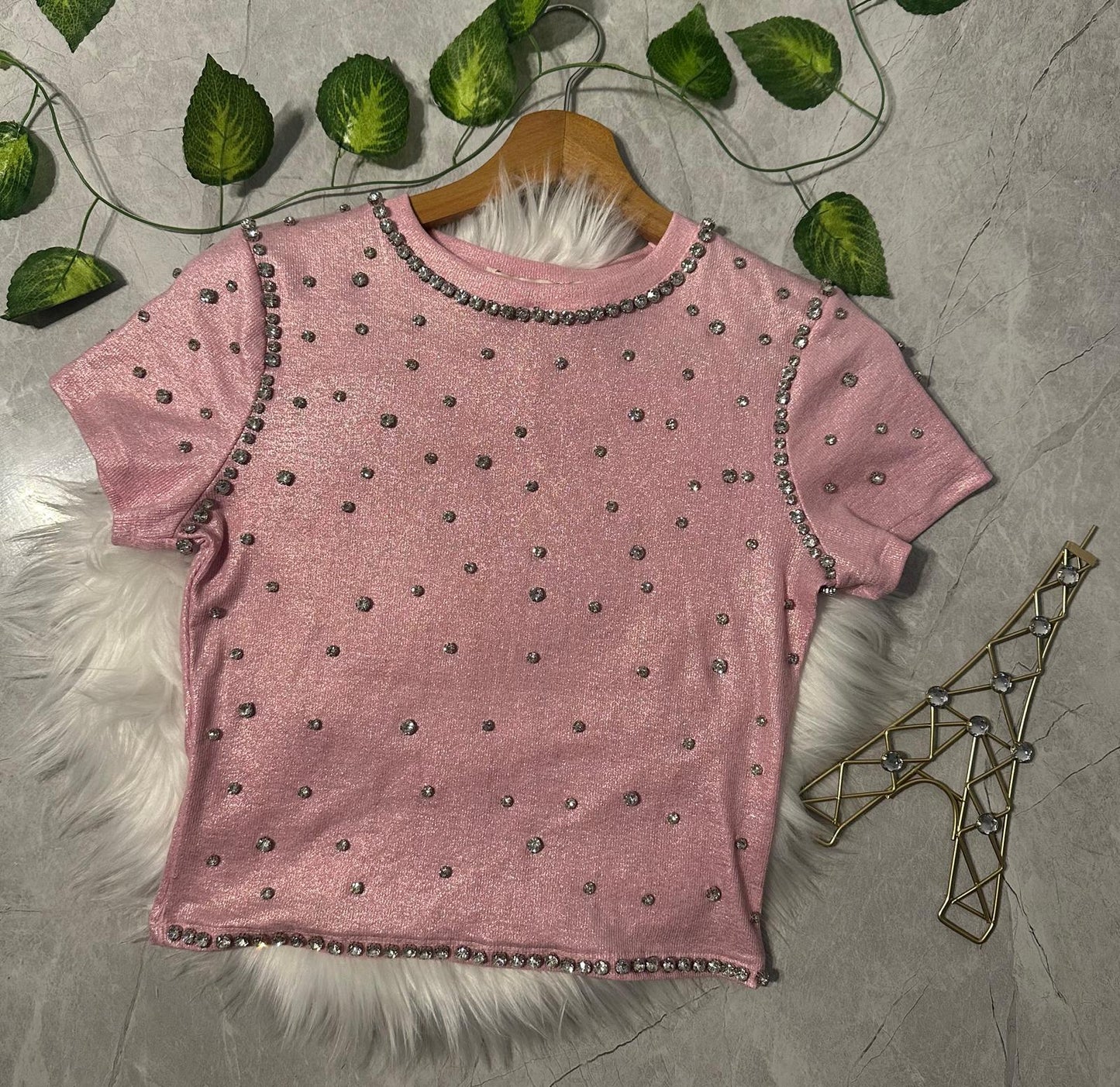 Camiseta Brillante de Algodón y Spandex con Detalles de Rhinestones Rosa image 0