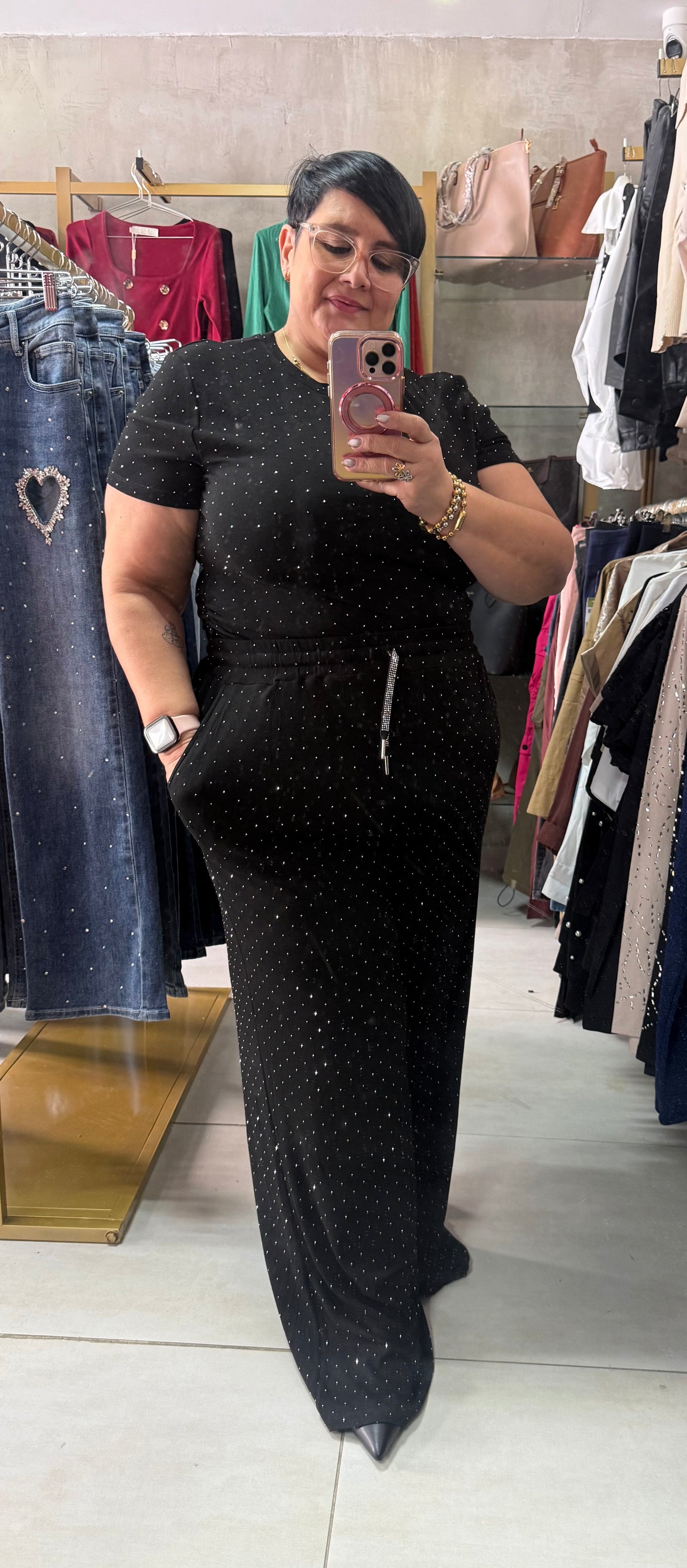 Conjunto de Dos Piezas Plus Negro con Brillos