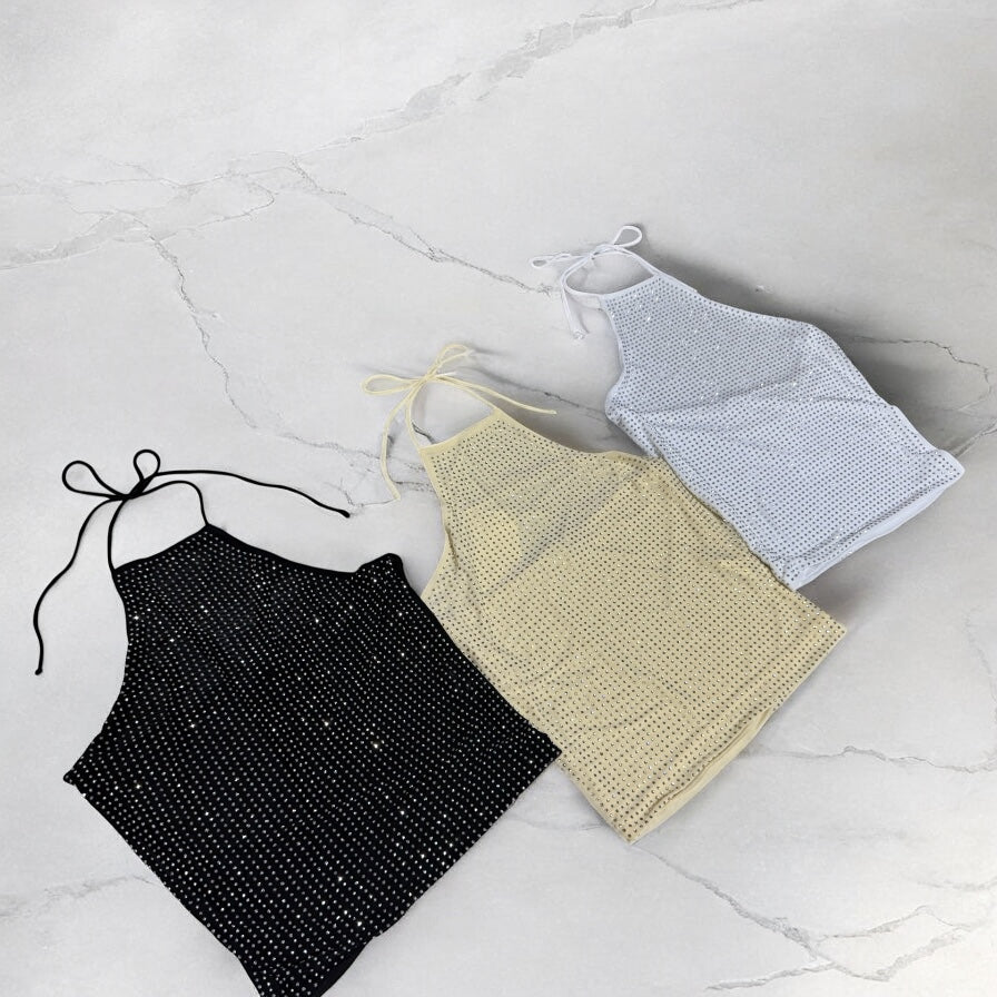 Top Halter con Brillos – Blanco, Amarillo y Negro