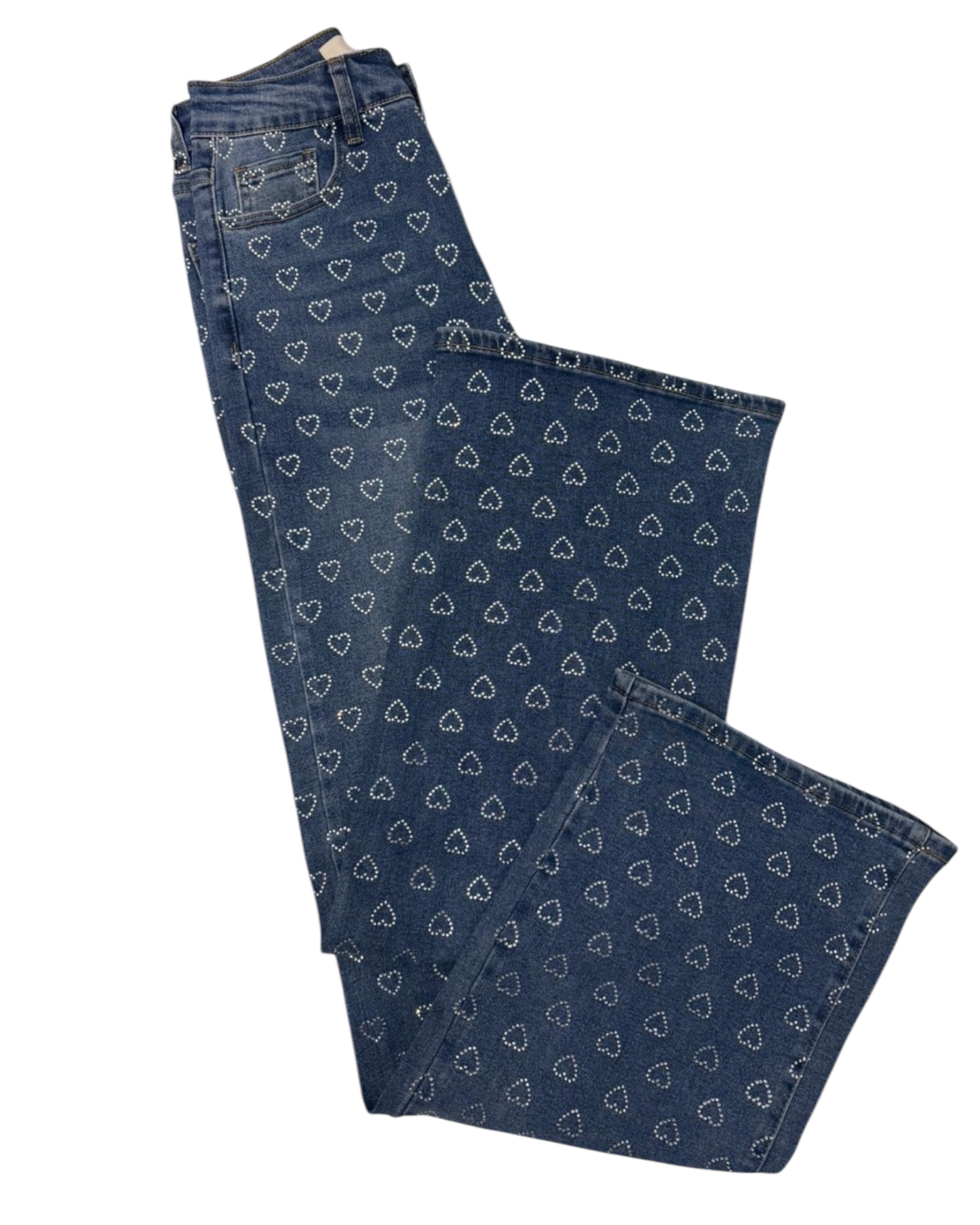 Mahón Denim Azul con Corazones de Cristales Brillantes