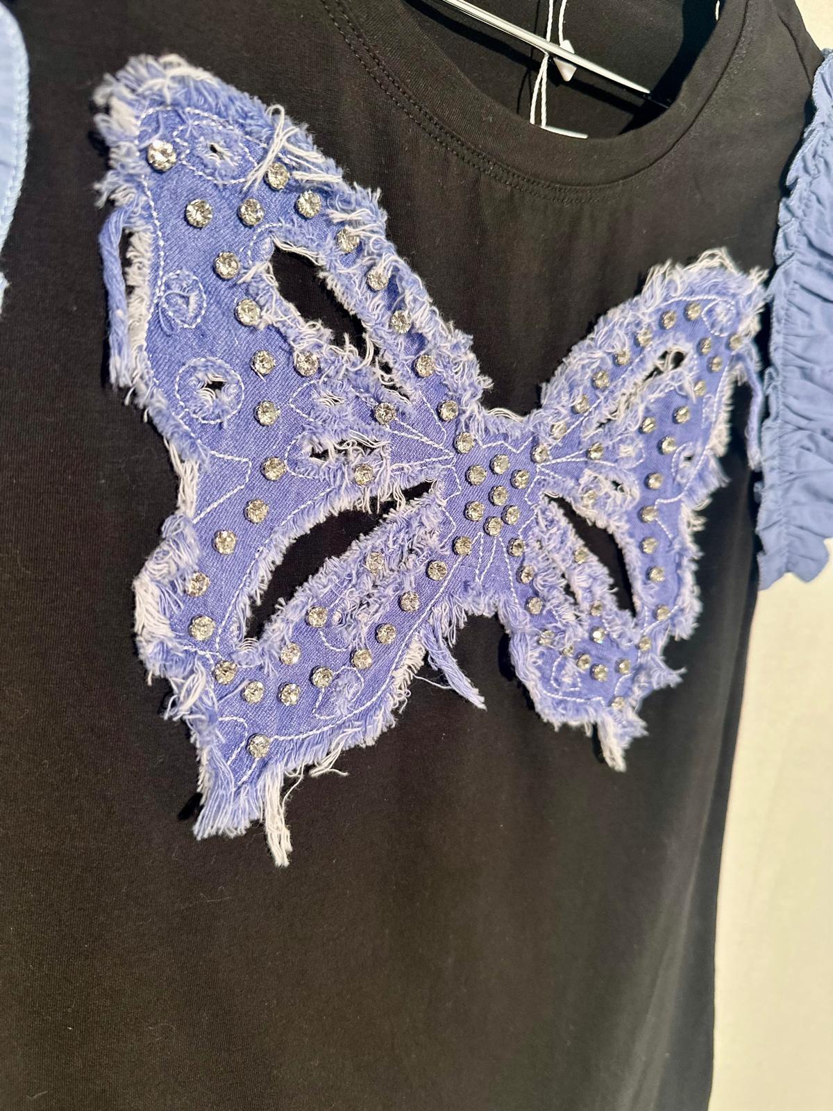 Camiseta con Aplique de Mariposa en Denim y Mangas con Volantes image 2