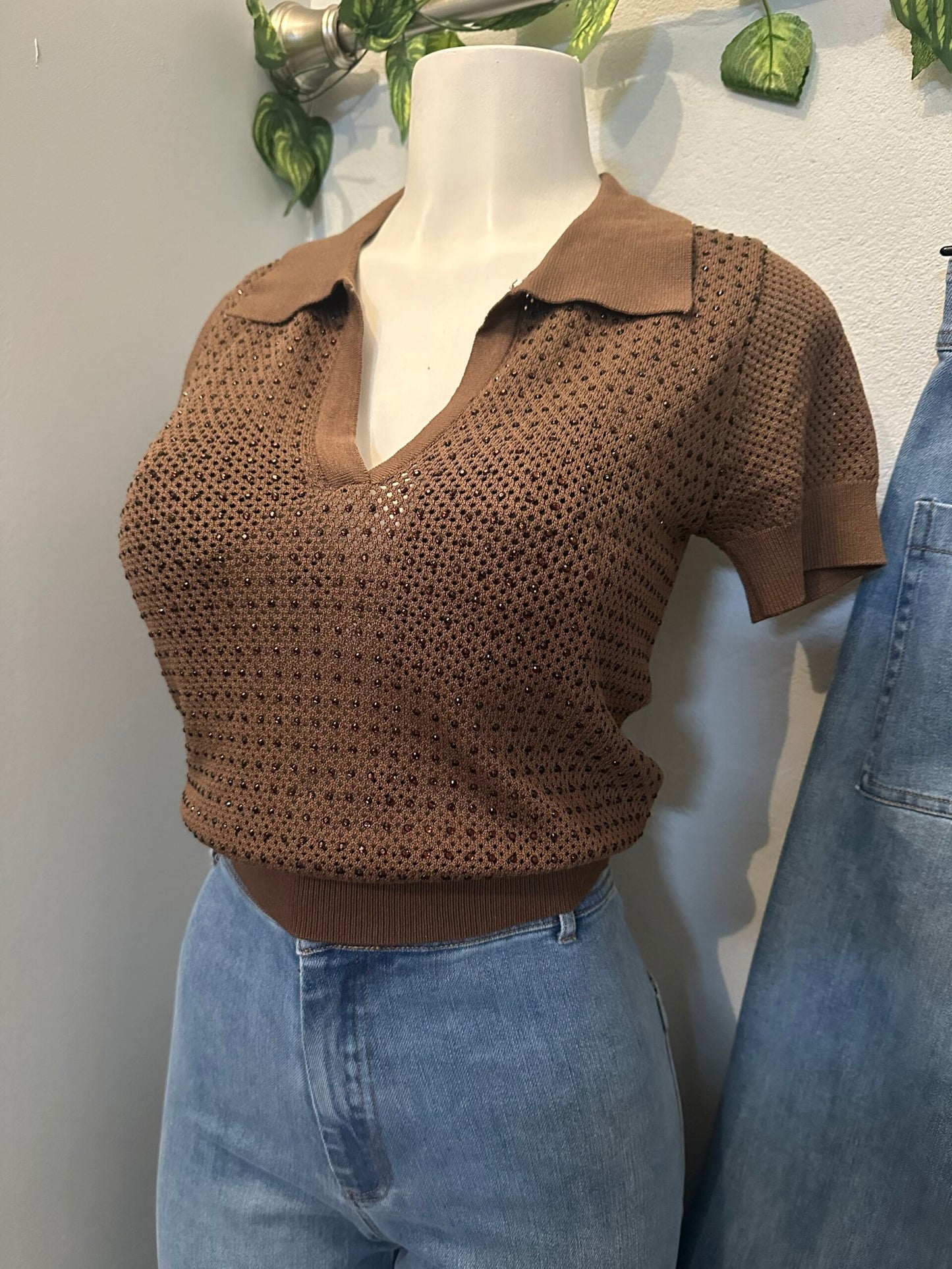 Top de Malla Brillante con Cuello Tipo Polo image 1