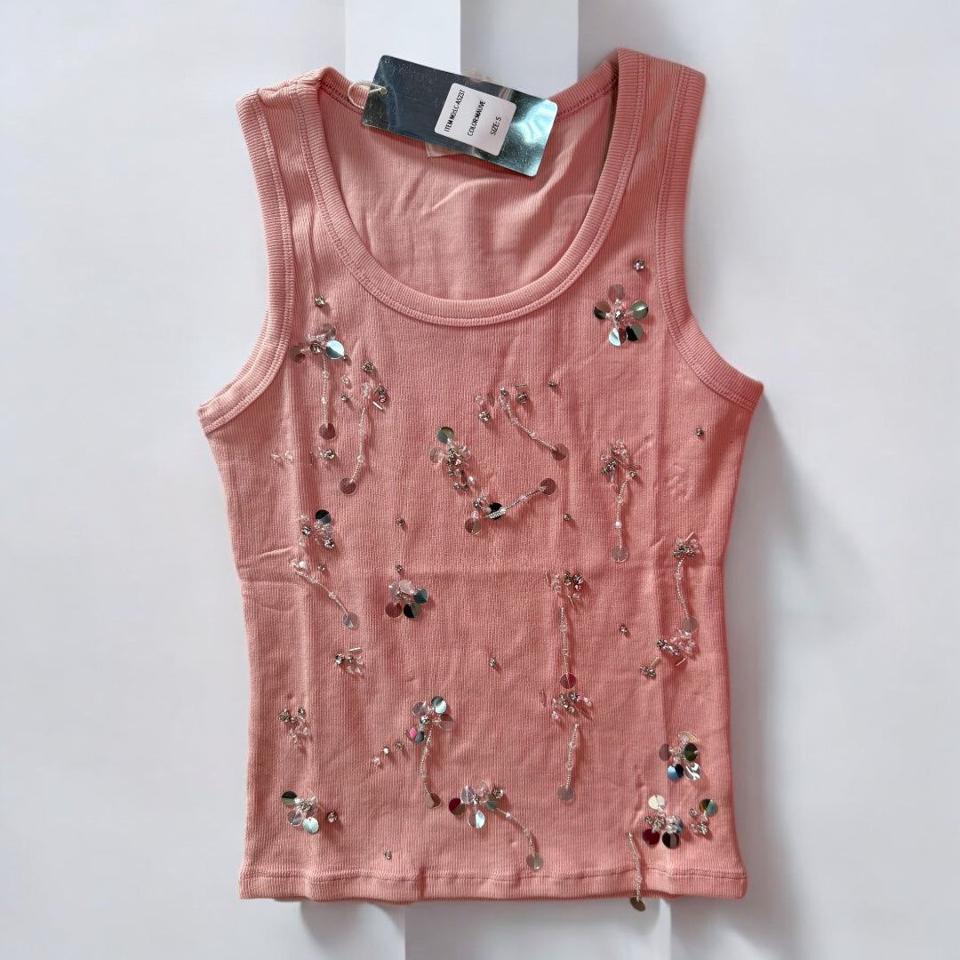 Camisa Tipo Tank Top Rosa con Apliques Brillantes - Small image