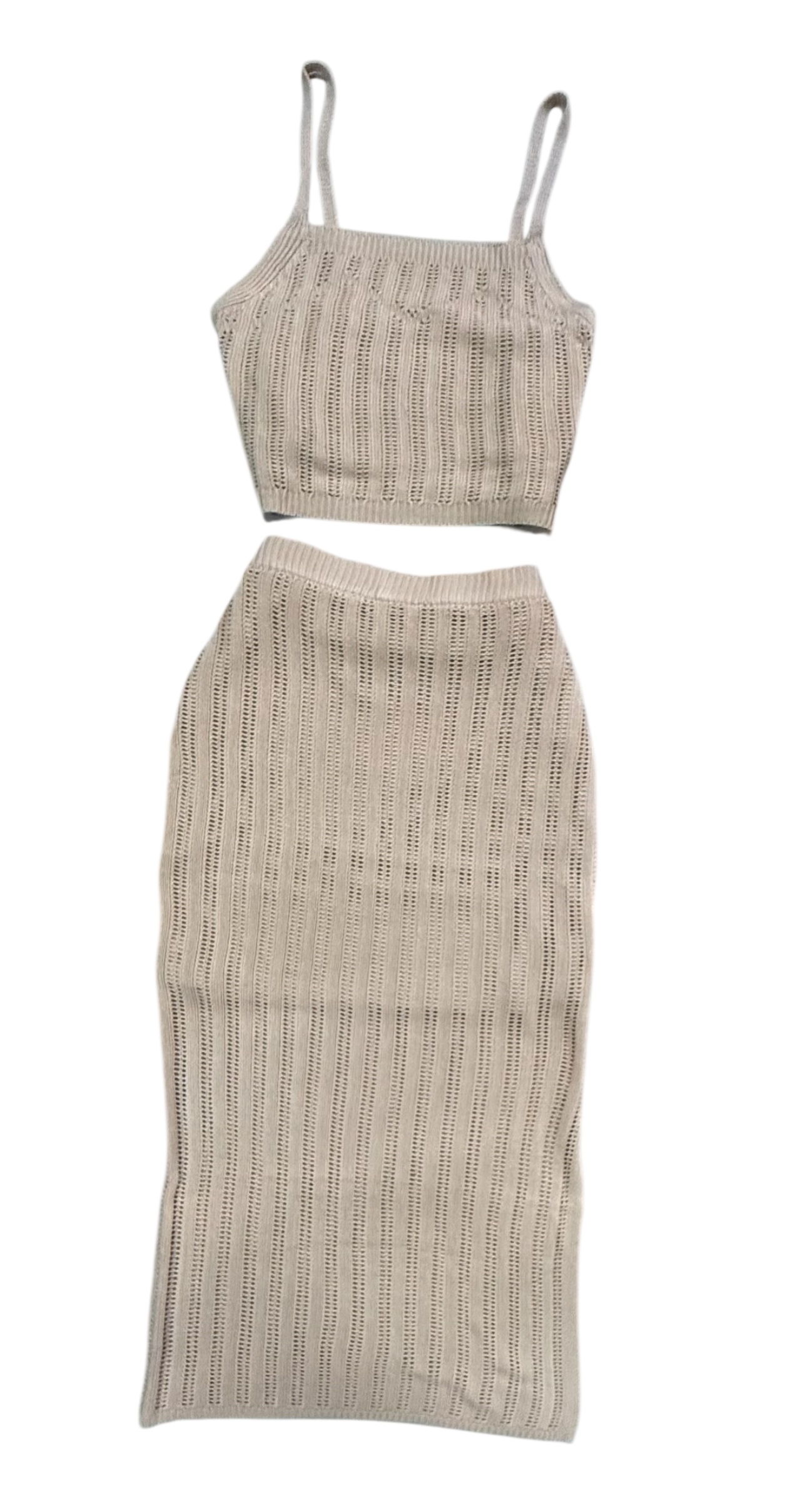 Conjunto Tejido Beige Calado – Top & Falda Midi