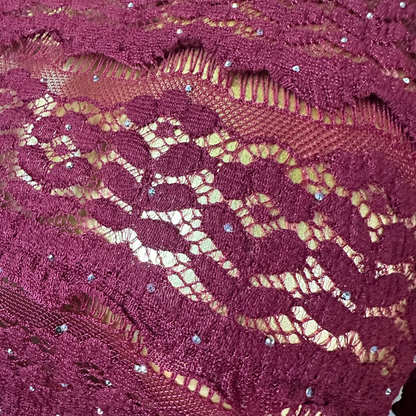 Blusa Burgundy de Encaje Transparente con Detalles Rhinestone