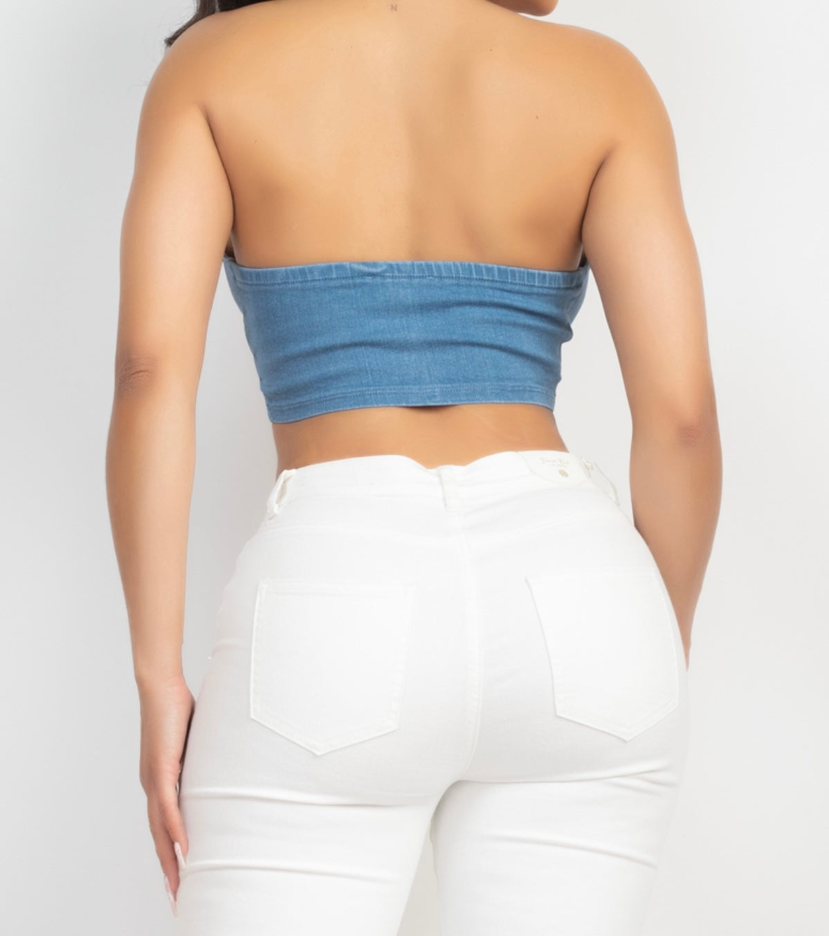 Top Denim Halter con Amarre y Fruncido