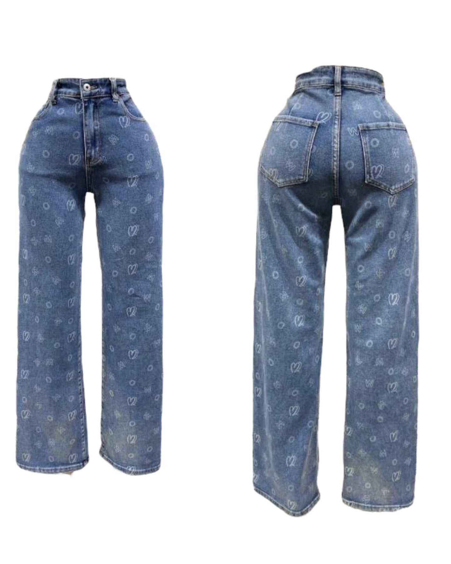 Mahón Denim Azul con Corazones de Cristales Brillantes
