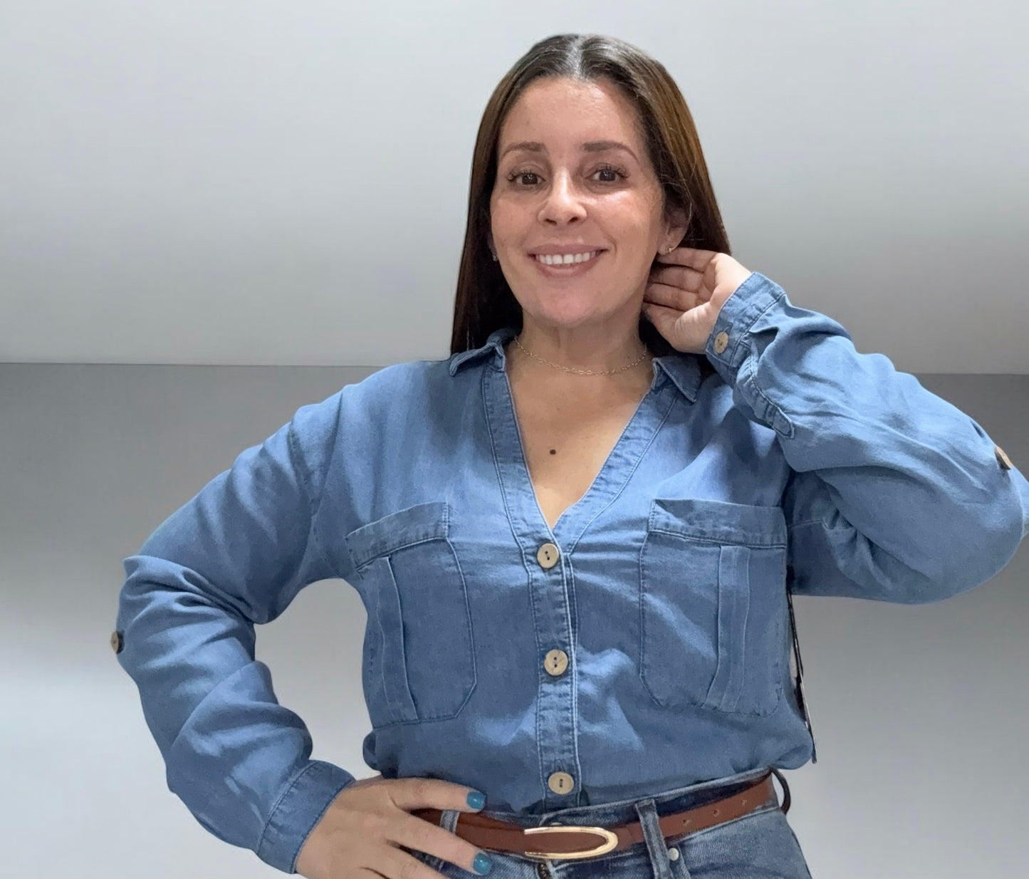 Camisa de Lyocell Estilo Denim de Botones