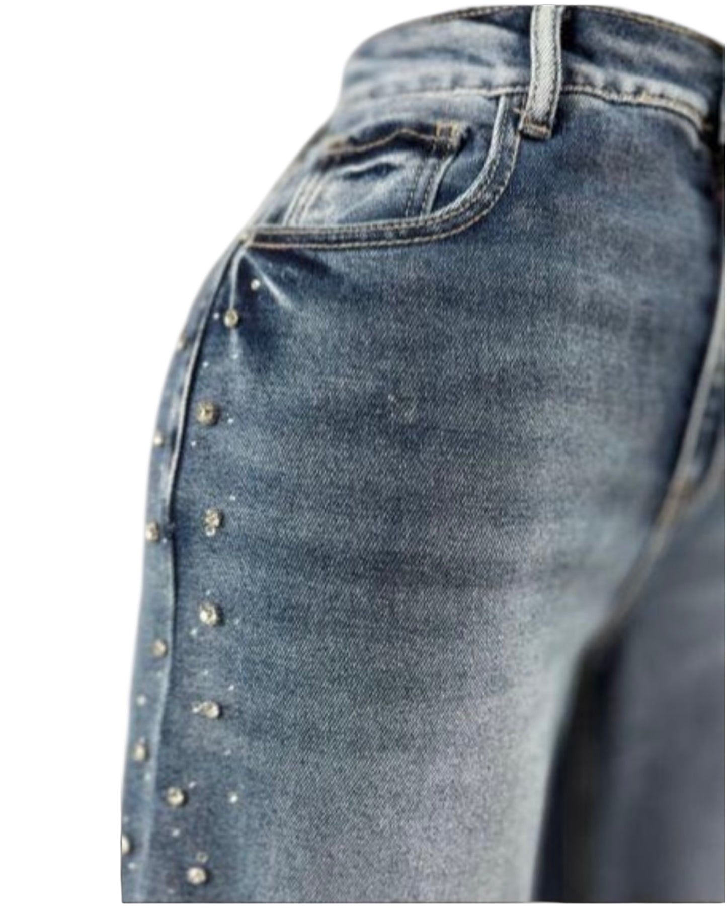 Mahón Wide Leg de Tiro Alto con Detalle de Pedrería