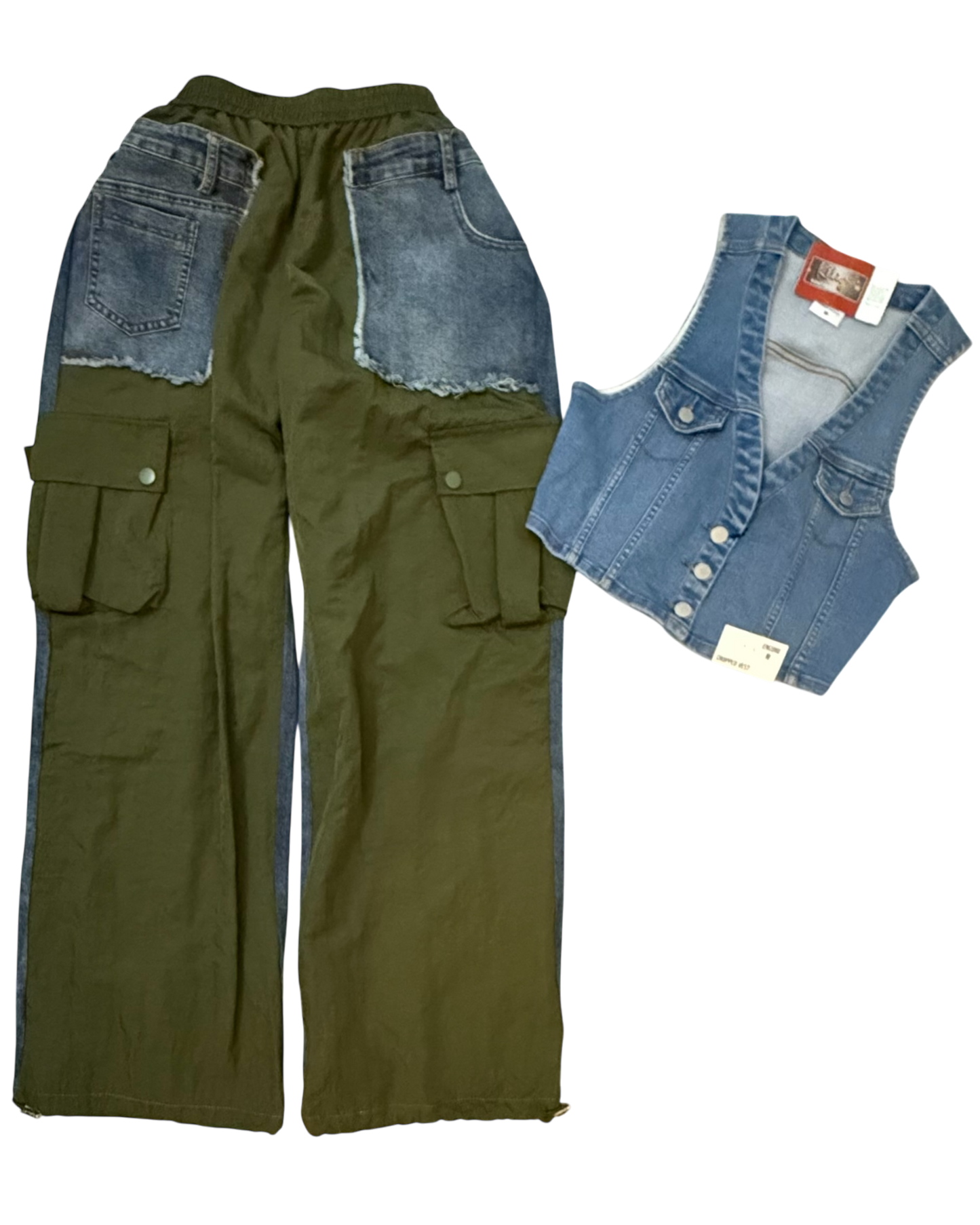 Pantalón Cargo con Bolsillos de Denim y Cordón Ajustable