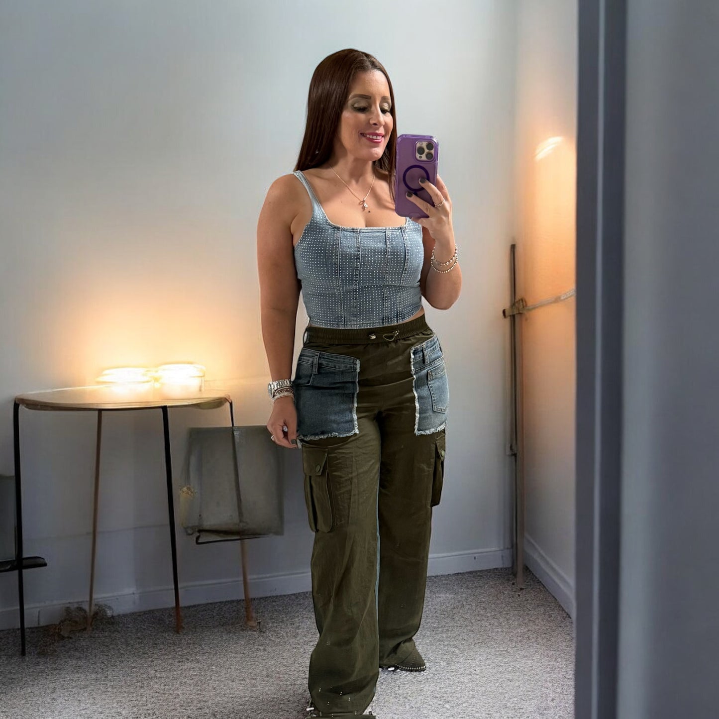 Pantalón Cargo con Bolsillos de Denim y Cordón Ajustable