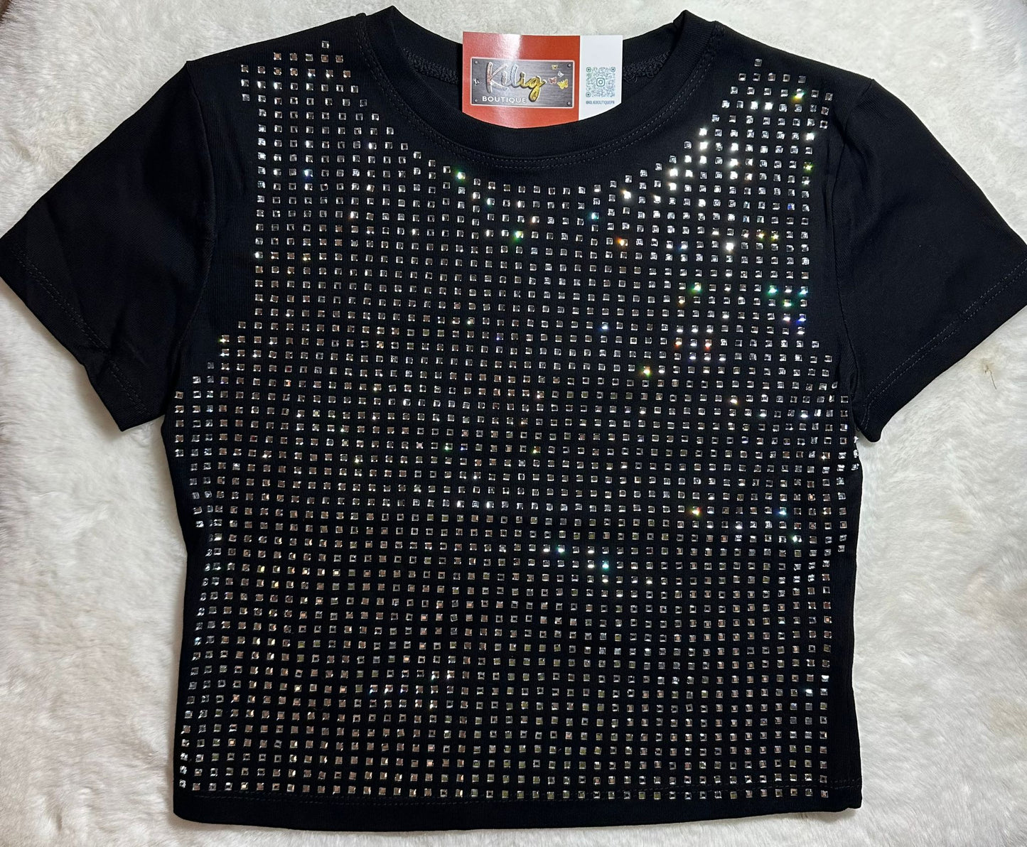 Camiseta Crop con Detalle de Brillantes color Negra