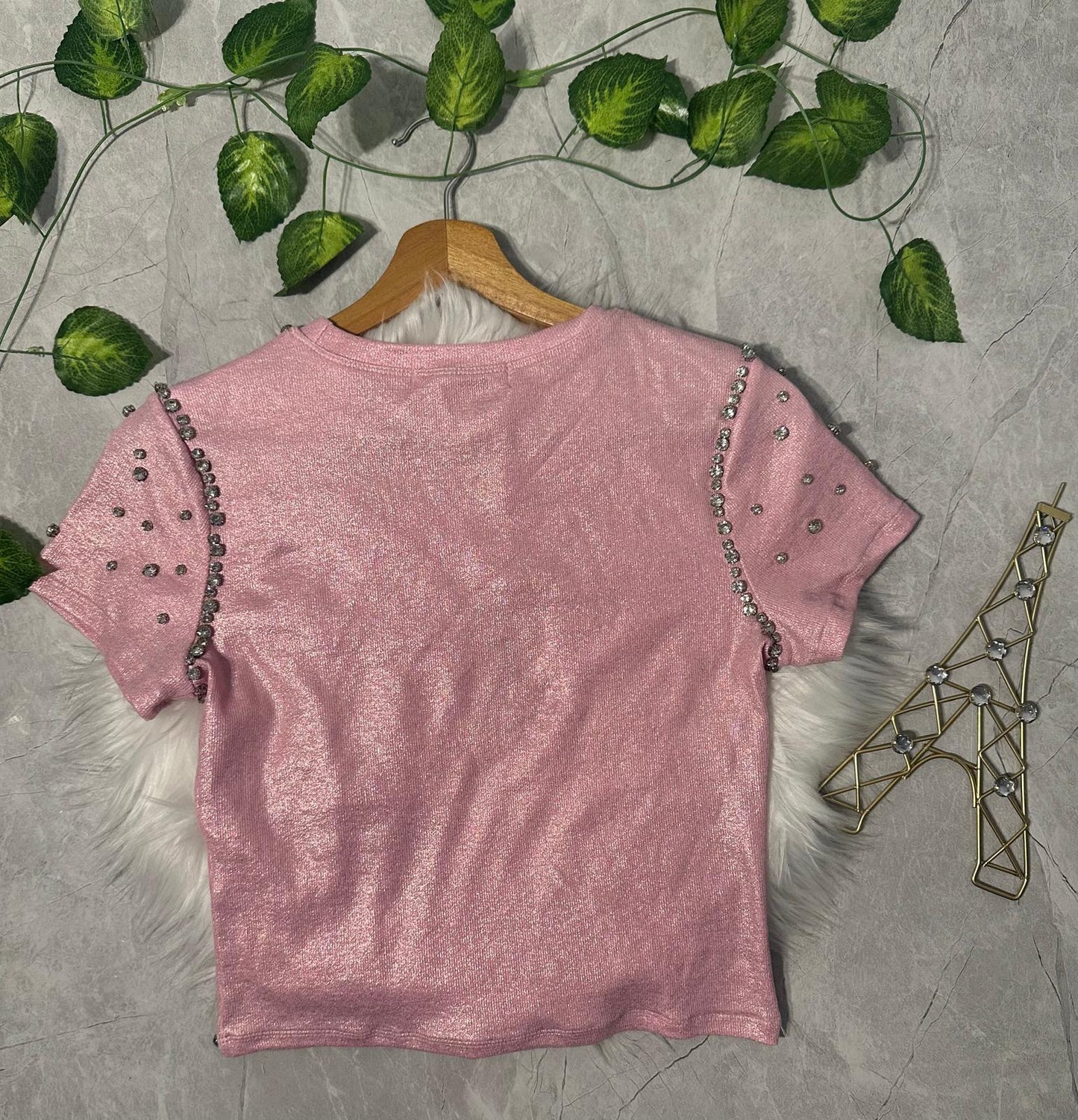 Camiseta Brillante de Algodón y Spandex con Detalles de Rhinestones Rosa image 1