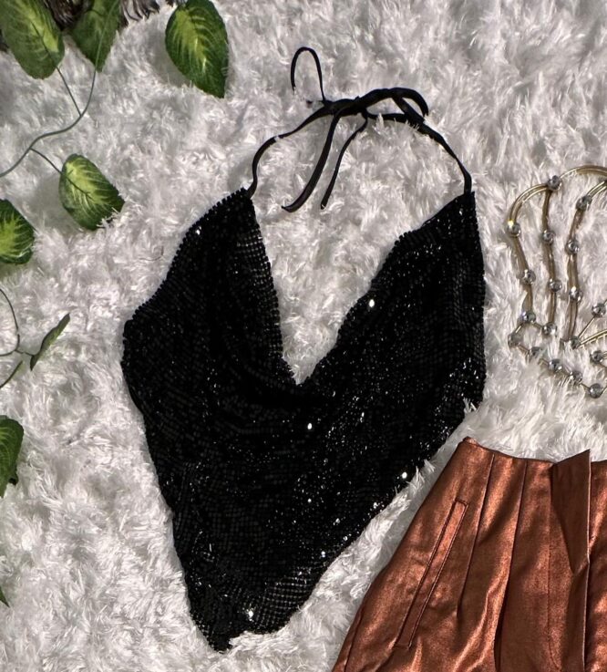 Top Halter Brillante de Poliéster y Aluminio - Talla Única