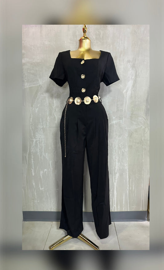 Jumpsuit Negro Elegante con Botones y Cinturón Dorado