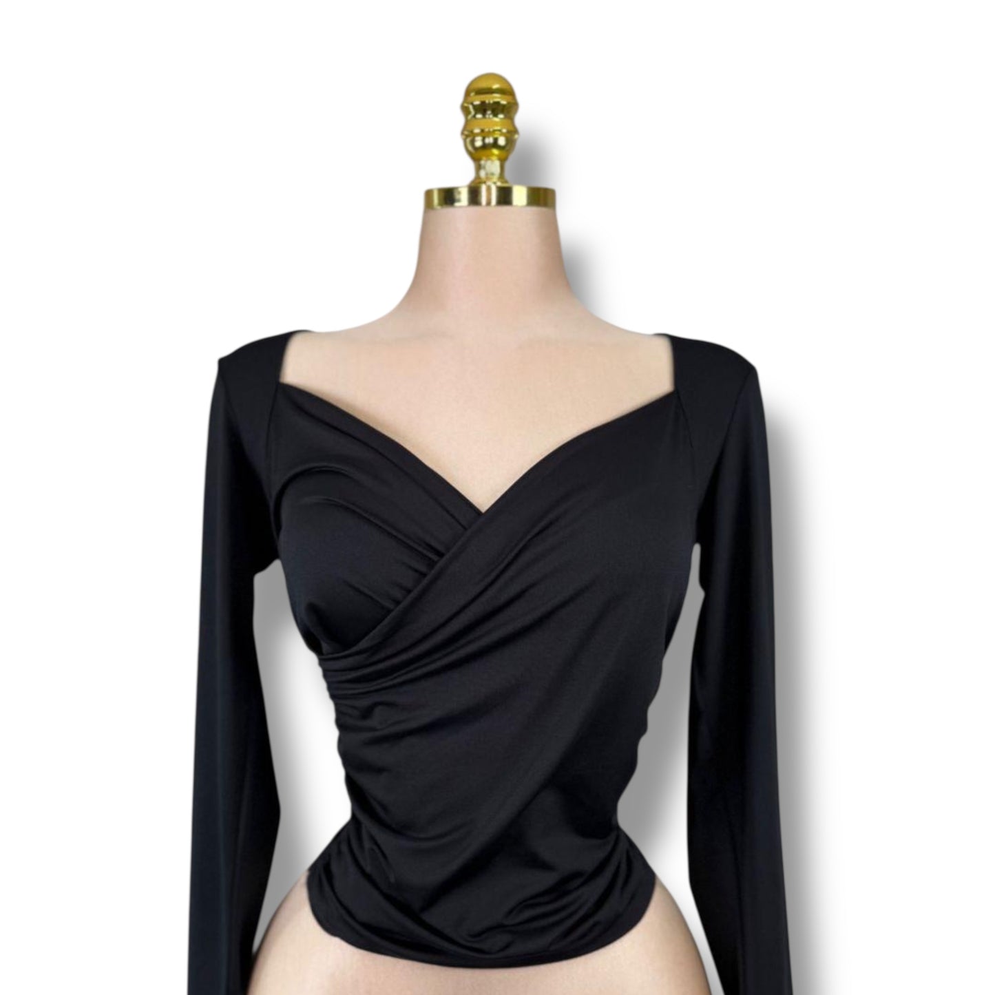 Blusa Manga Larga Cruzado de Cuello V Profundo Negro