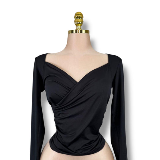 Blusa Manga Larga Cruzado de Cuello V Profundo Negro