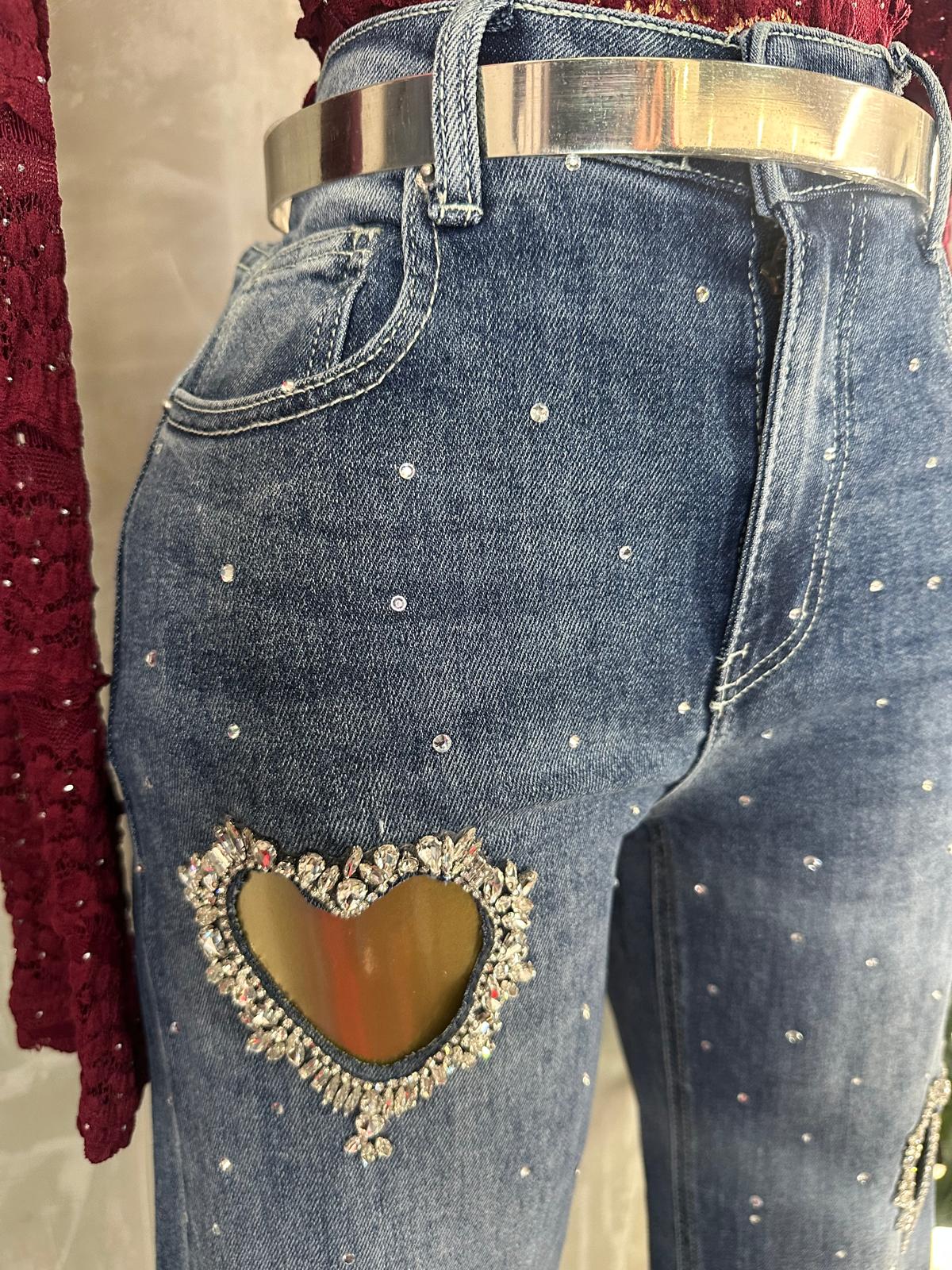 Mahón Denim Wide Leg con Corazones y Brillos