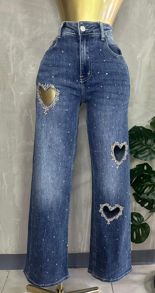 Mahón Denim Wide Leg con Corazones y Brillos