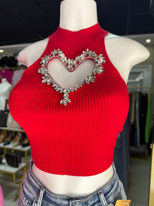 Top Detalle de Corazón en Pedrería color Rojo - Large image