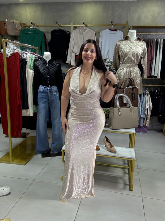 Vestido Halter Brillante Maxi con Escote Profundo