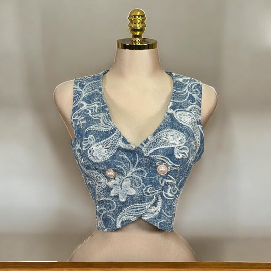 Vest Crop Mahón con Bordado Floral y Lentejuelas