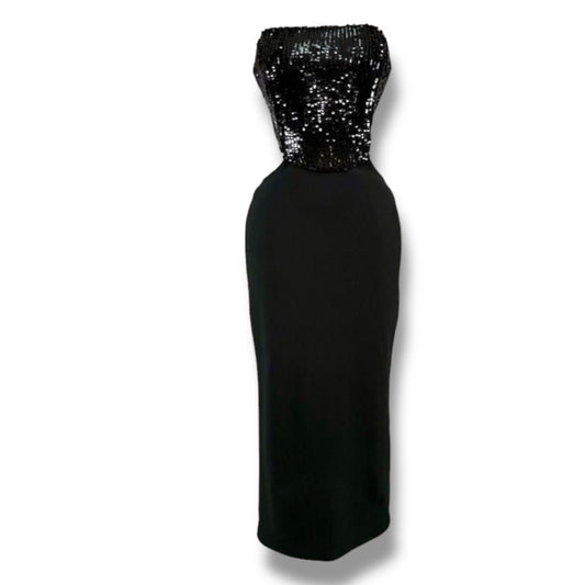 Vestido Strapless con Lentejuelas y Falda Midi Negra