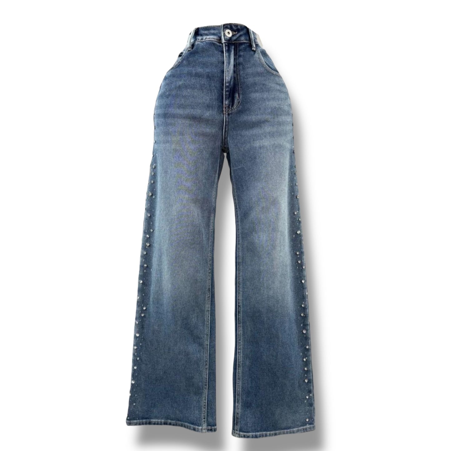 Mahón Wide Leg de Tiro Alto con Detalle de Pedrería