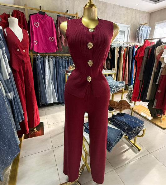 Jumpsuit Burgundy Acanalado con Botones Joya