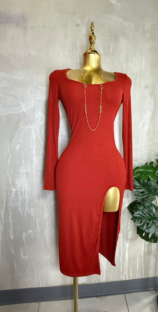 Vestido Midi de Manga Larga con Abertura Lateral