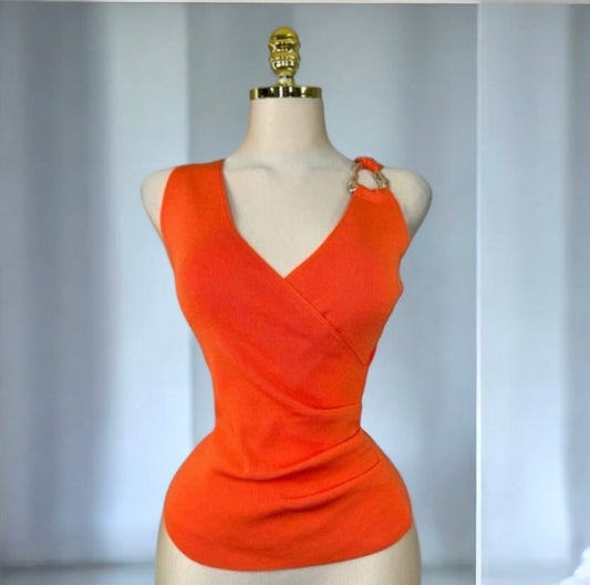 Top Cruzado Naranja Coral con Detalle Oro