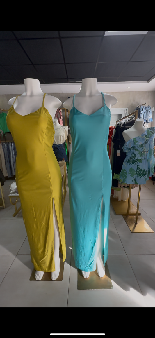 Vestido Largo Satinado Amarillo Radiante y Turquesa –Elegancia que Enamora