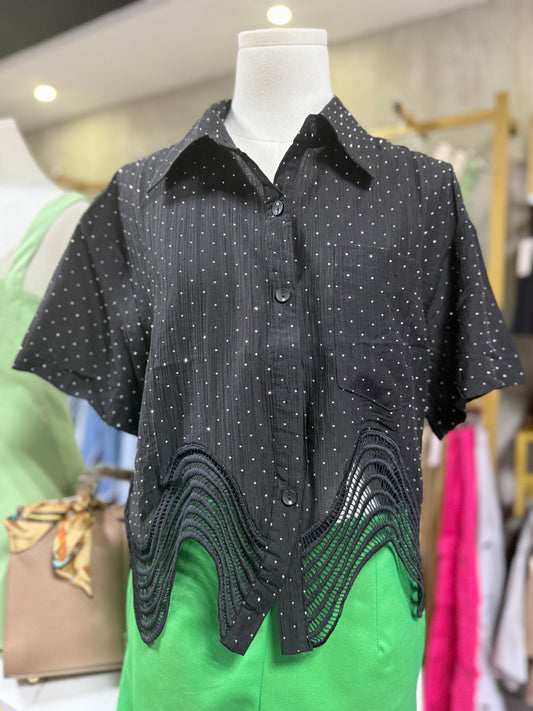 Blusa de Manga Corta con Bordado de Encaje