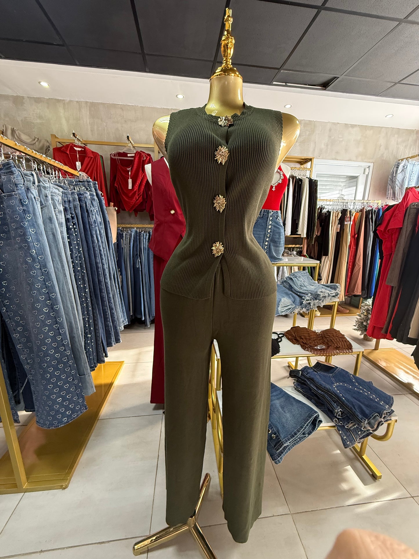 Jumpsuit Verde Olivo Acanalado con Botones Joya