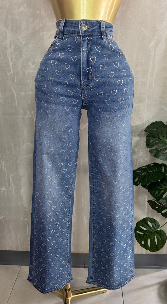 Mahón Denim Azul con Corazones de Cristales Brillantes