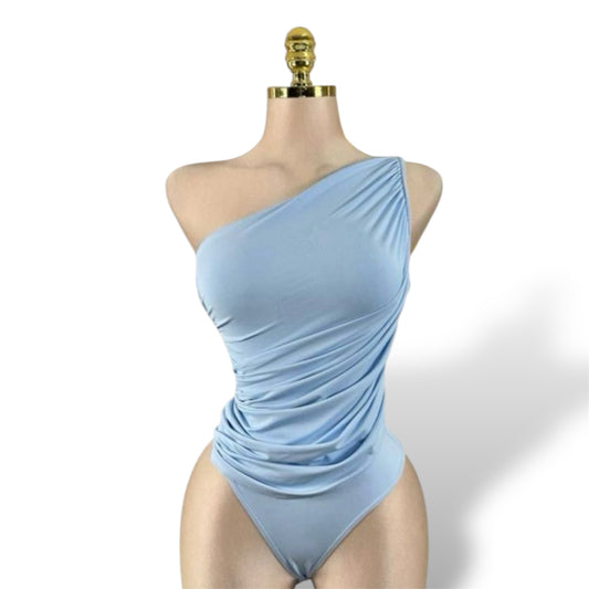 Body Asimétrico Trapiado de Un Hombro Azul – Elegante