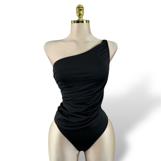 Body Asimétrico Trapiado de Un Hombro Negro