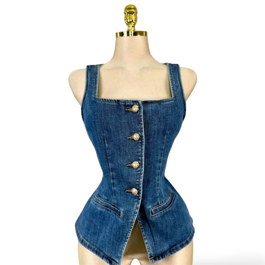 Blusa Tipo Corset en Mezclilla con Botones Frontales