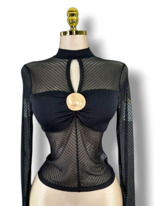 Body Negro Transparente con Detalle Dorado