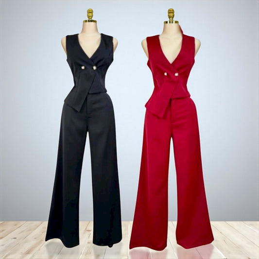 Conjunto Elegante– Pantalón Wide Leg & Chaleco Cruzado
