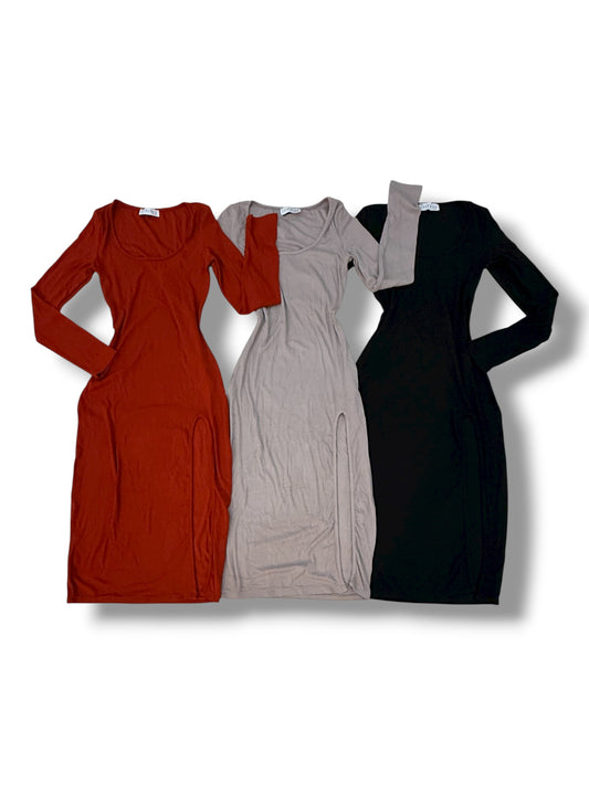 Vestido Midi de Manga Larga con Abertura Lateral