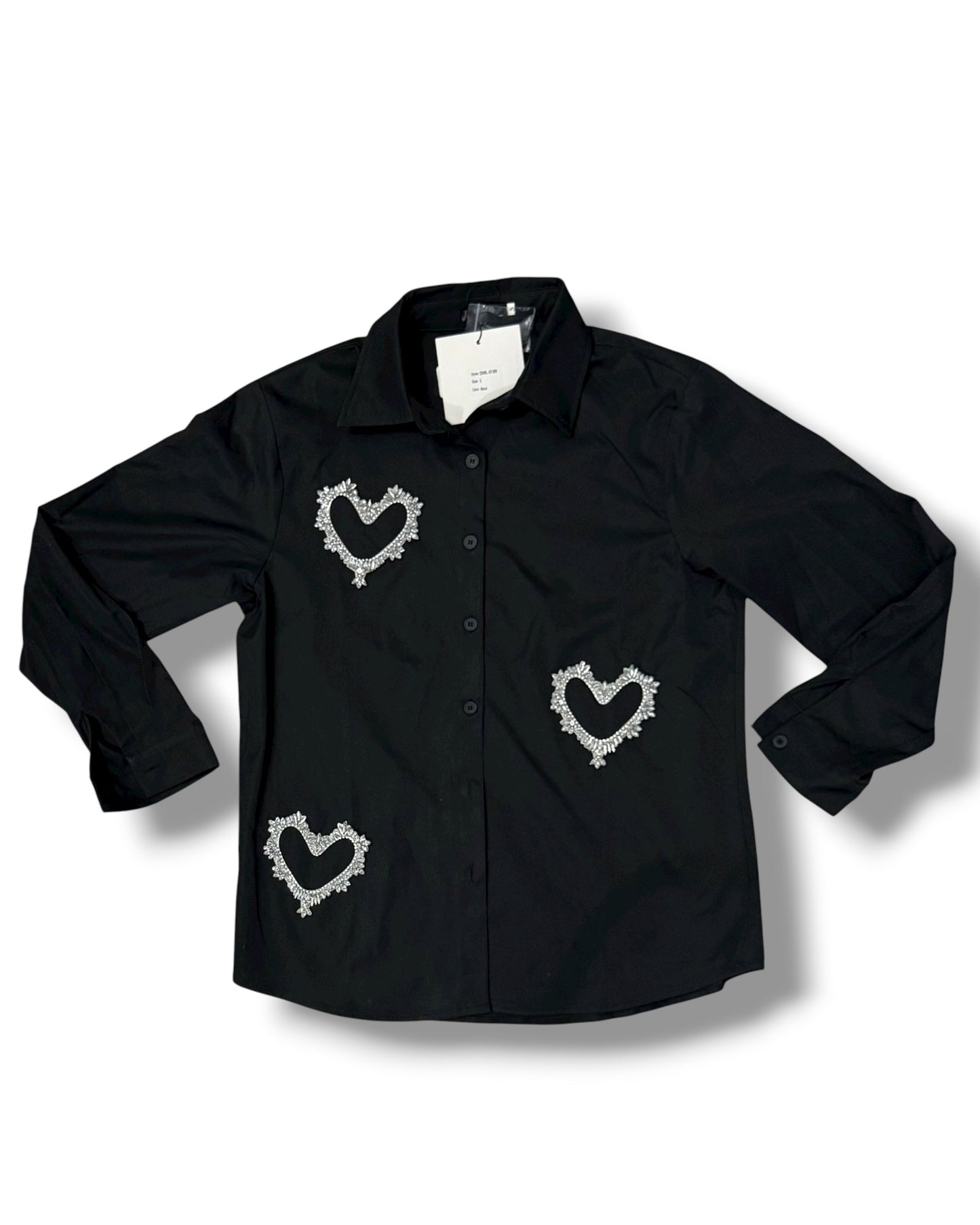 Camisa de Botones con Detalle de Corazones Negro Elegante