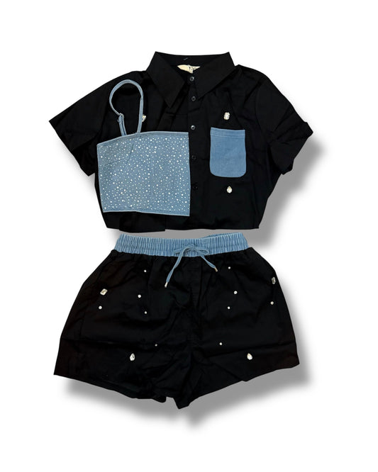 Conjunto Casual Plus Size con Detalles en Denim y Brillos