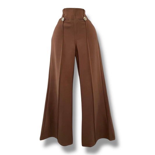 Pantalón Palazzo Chocolate “Luxury Fit” con Botones Dorados