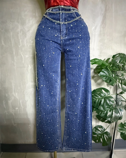 Mahon Wide Leg Denim con Brillantes
