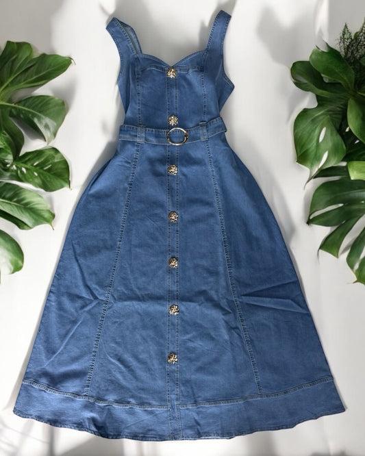 Vestido de Mahón Plus Size con Cinturón y Botones Dorados - 3X image